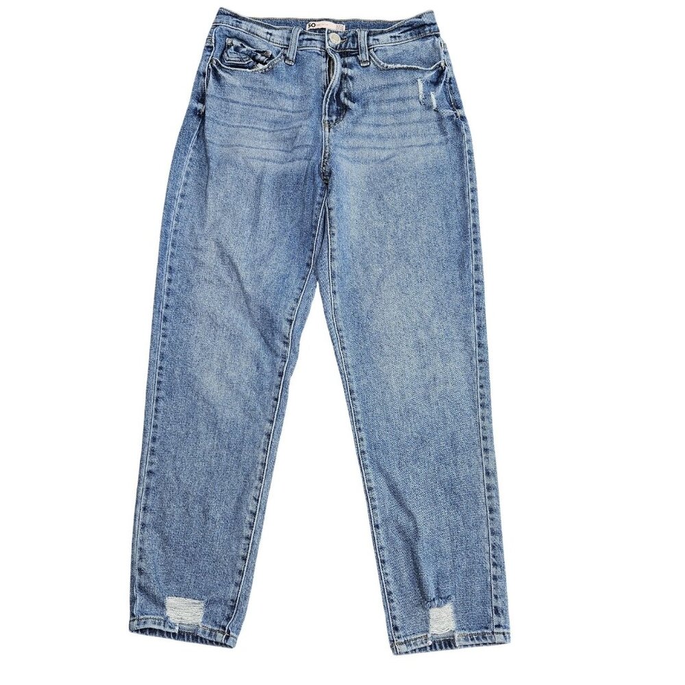 SO High Rise Mom Jeans Juniors 5/27W Blue Medium Wash Distressed‎ Stretch